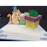 Handmade 3d Pop Up Birthday Card Greeting Card Cat First Happy Birthday Papercraft Origami Kirigami Gift Kid Child Party Invitation